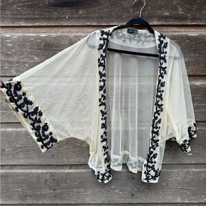 Sheer Cream Kimono with Black Embroidery